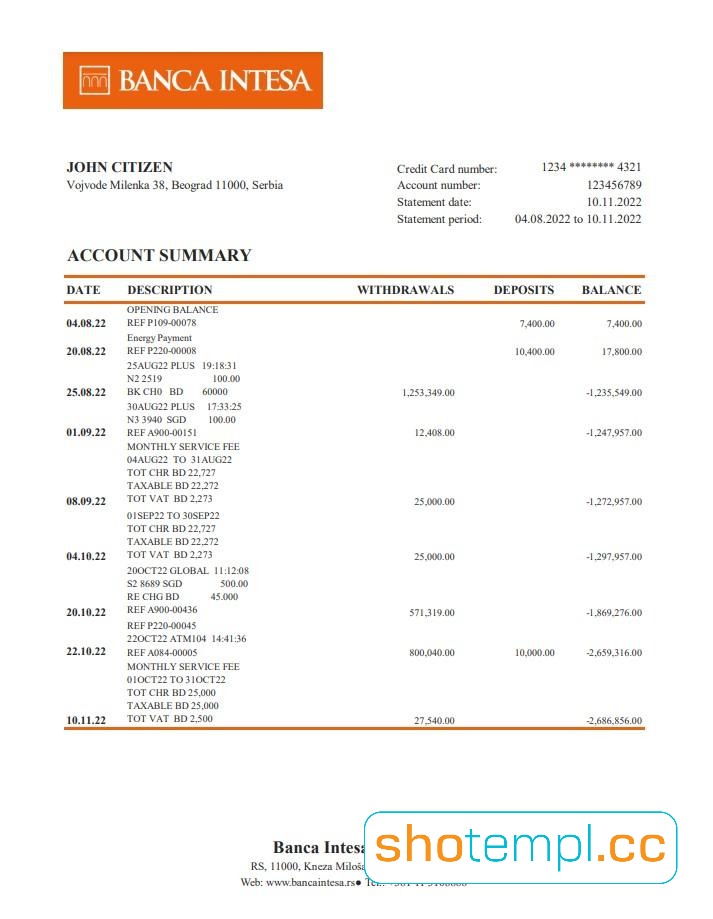 Serbia Bank Intesa Statement PDF Template