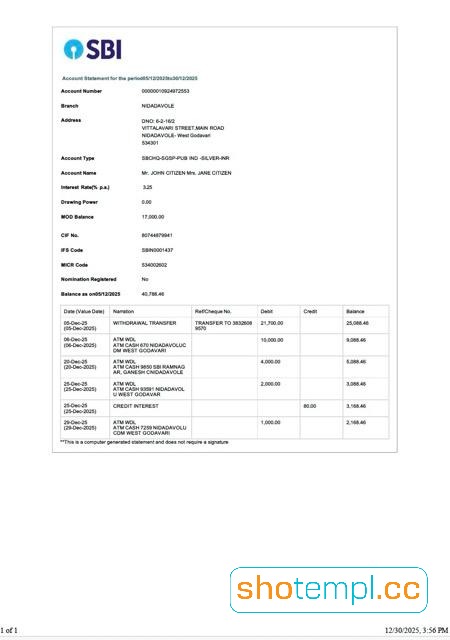 State Bank of India Statement PDF Template