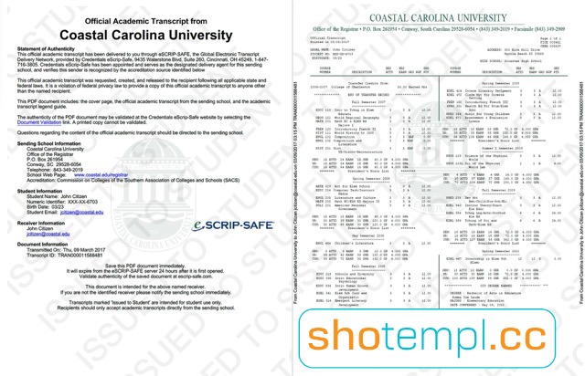 Coastal Carolina University Transcript Template in PDF Format