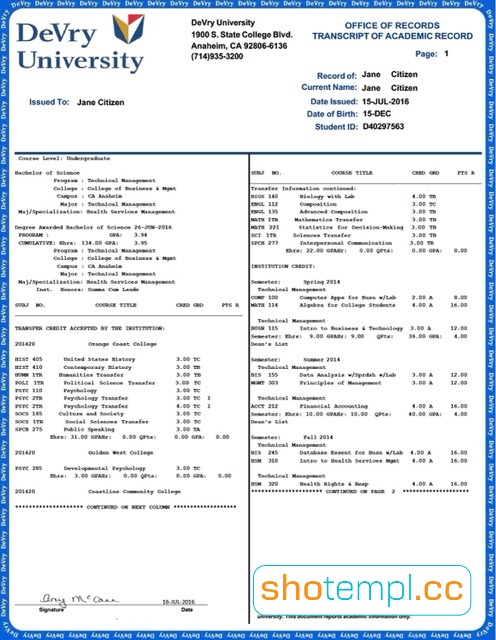 DeVry University Transcript Template in PDF Format