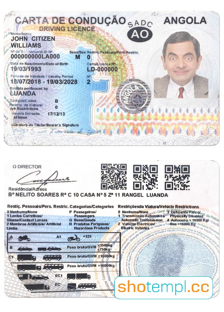 Angola Driver License PSD Template