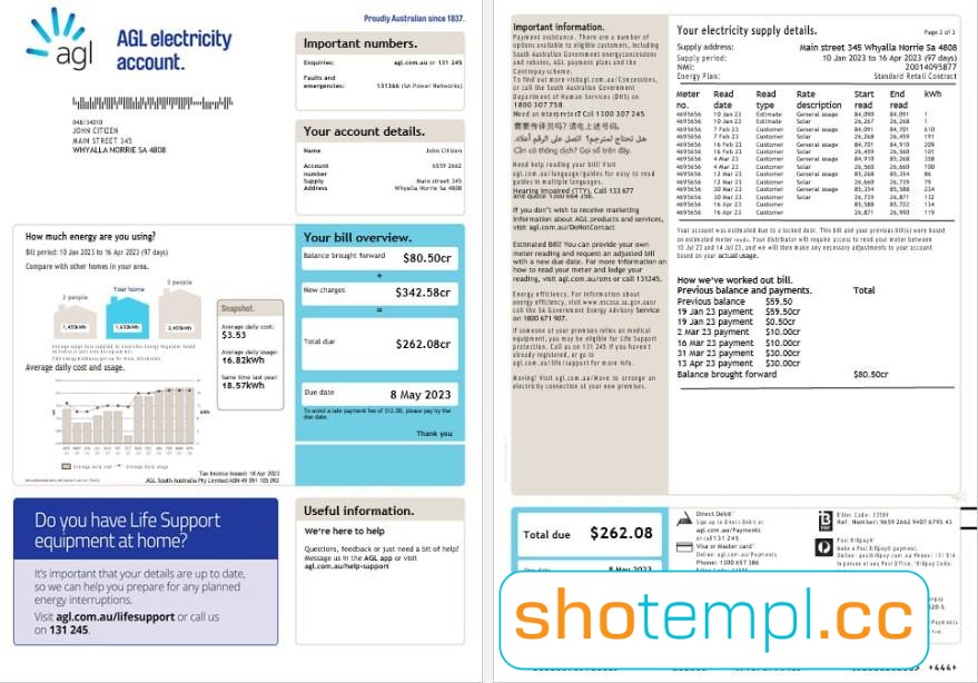 AGL Gas Bill Template in PDF Format