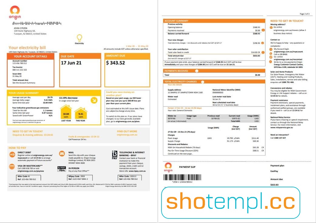Australia New South Wales NSW Origin Electricity Utility Bill PDF Template
