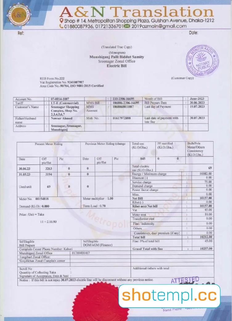 Bangladesh Electricity Bill PDF Template