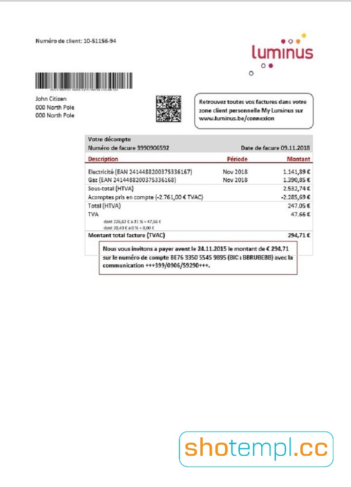 Belgium Luminus Utility Bill PDF Template