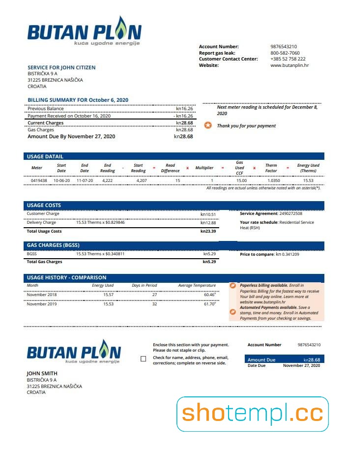 Croatia butan plin Gas Bill PDF Template