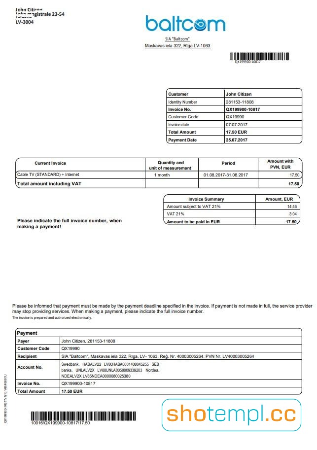 Latvia Baltcom Telecommunications Utility Bill PDF Template