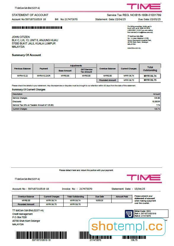 Malaysia Time Utility Bill PDF Template