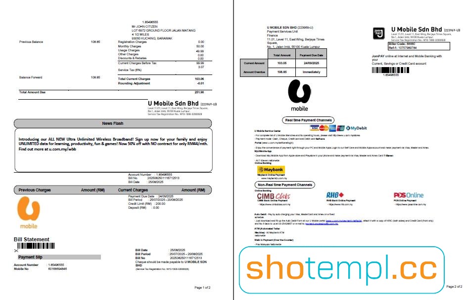 Malaysia U Mobile Utility Bill PDF Template