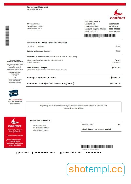 New Zealand Contact Energy Proof of Energy PDF Template