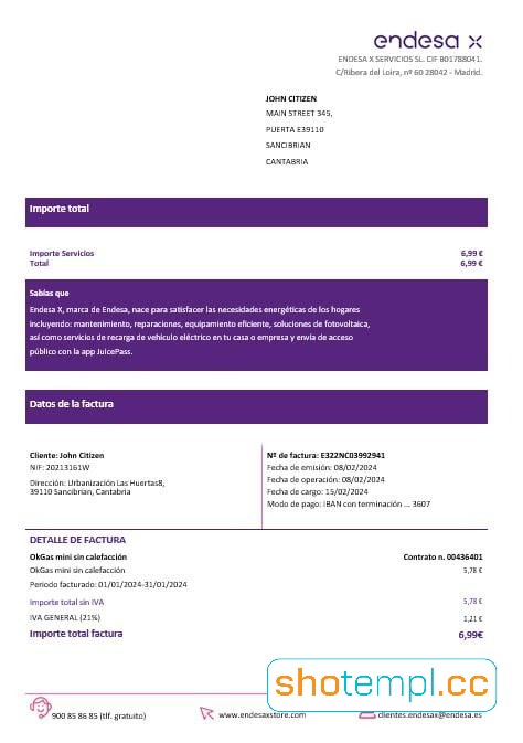 Spain Barcelona Endesa X Electricity Utility Bill PDF Template
