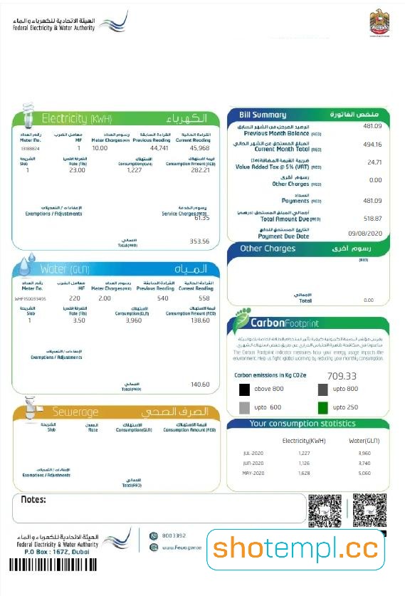 UAE Dubai Federal Electricity Water Authority Utility Bill PDF Template