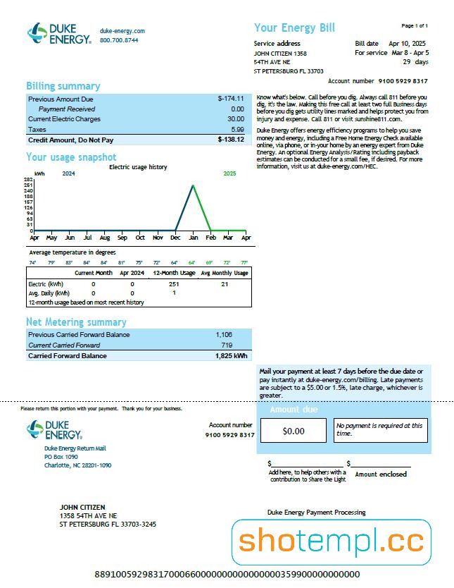 USA Duke Energy Utility Bill PDF Template
