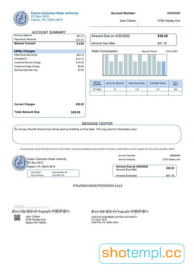 USA Eastern Suburban Water Authority Utility Bill PDF Template
