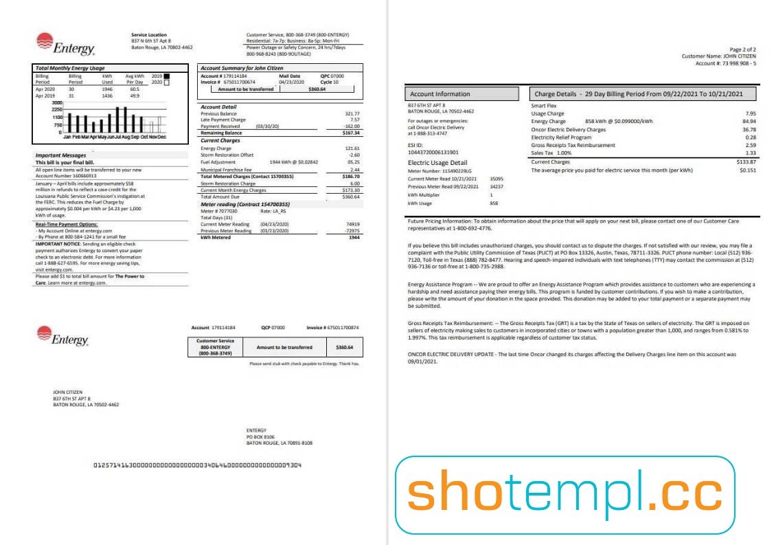 USA Entergy Electricity Utility Bill PDF Template