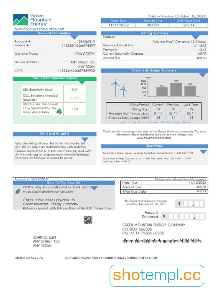 USA Green Mountain Energy Utility Bill PDF Template