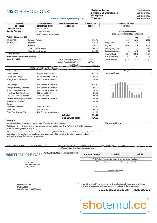 USA Illinois North Shore Gas Utility Bill PDF Template