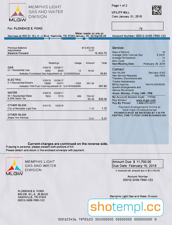 USA Memphis Light Gas and Water Utility Bill PDF Template