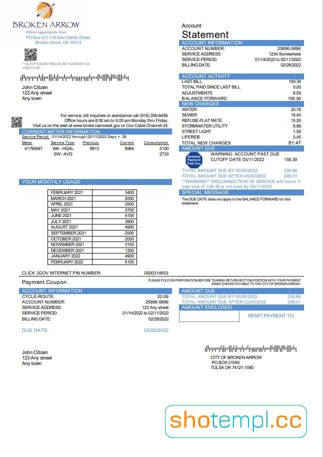 USA Oklahoma City of Broken Arrow Utility Bill PDF Template