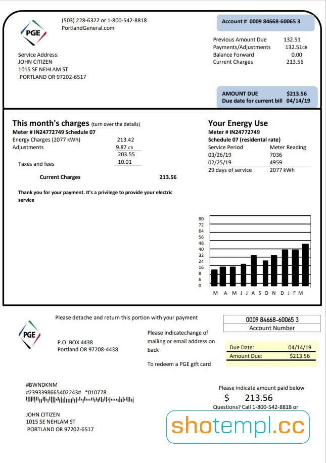 USA Oregon PGE Electricity Bill PSD Template