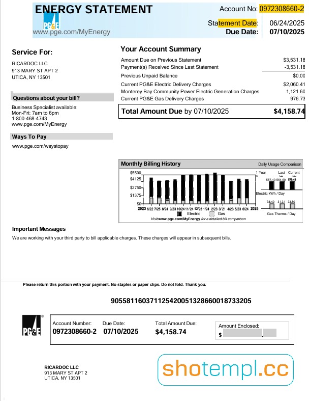 USA PG&E Energy Utility Bill PDF Template