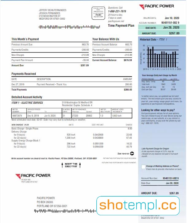 USA Pacific Power Bill PDF Template