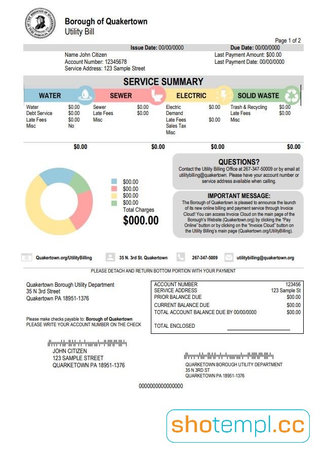 USA Pennsylvania Quakertown Borough Utility Bill PDF Template
