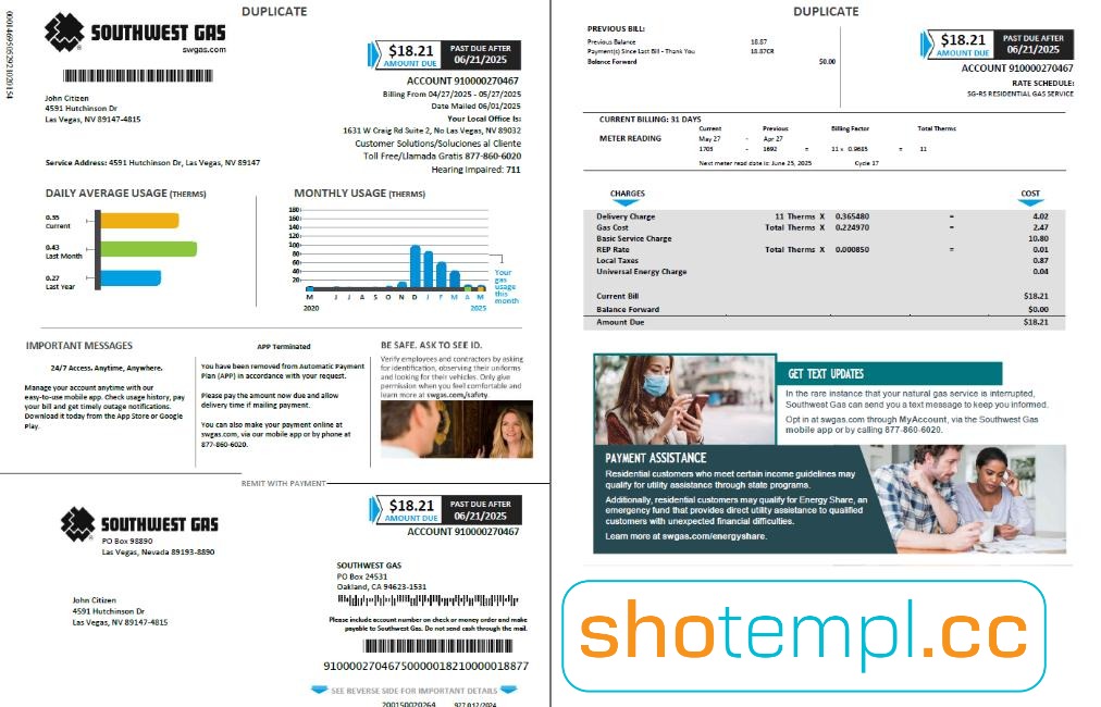 USA Southwest Gas Utility Bill PDF Template