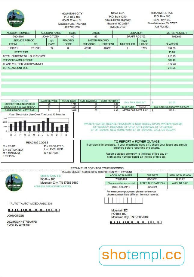 USA Tennessee MLGW Utility Bill PSD Template