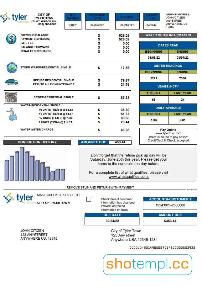 USA Tyler Technologies Utility Bill PDF Template