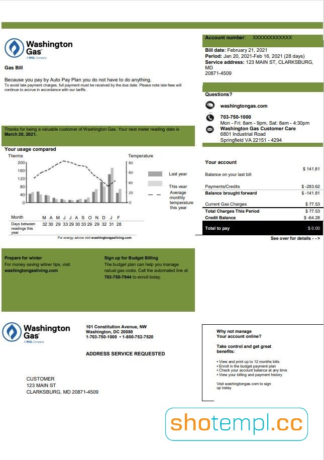 USA Washington Gas WGL Utility Bill PDF Template