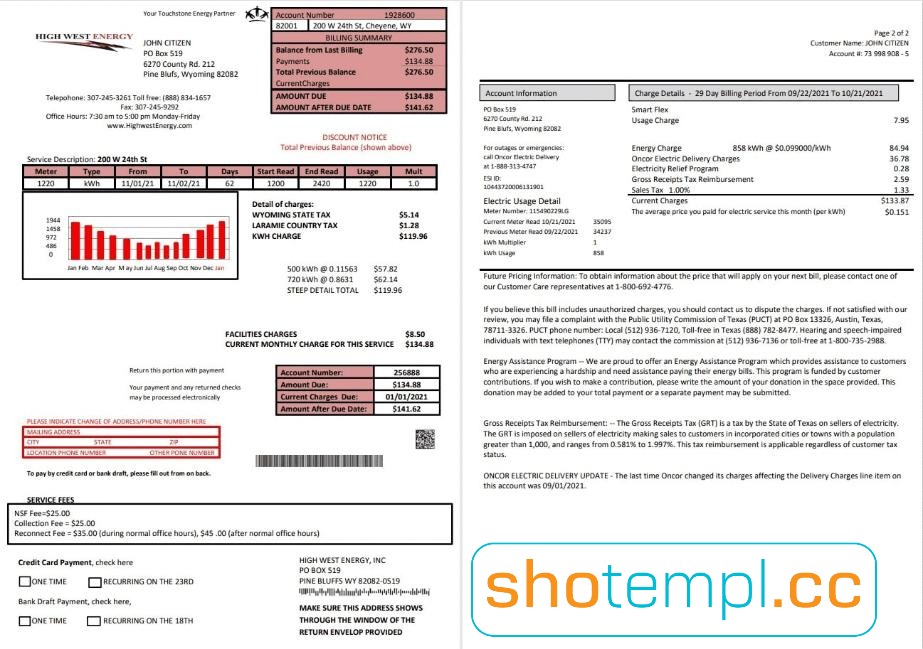 USA Wyoming High West Energy Electricity Bill PSD Template