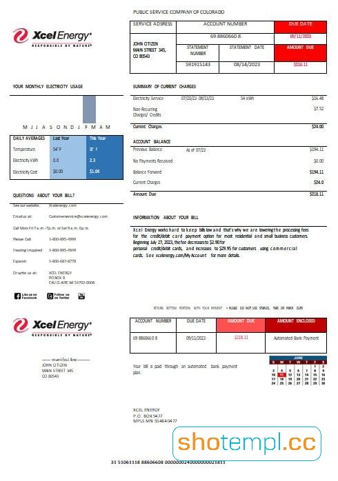 USA XcelEnergy Electric Utility Bill PDF Template