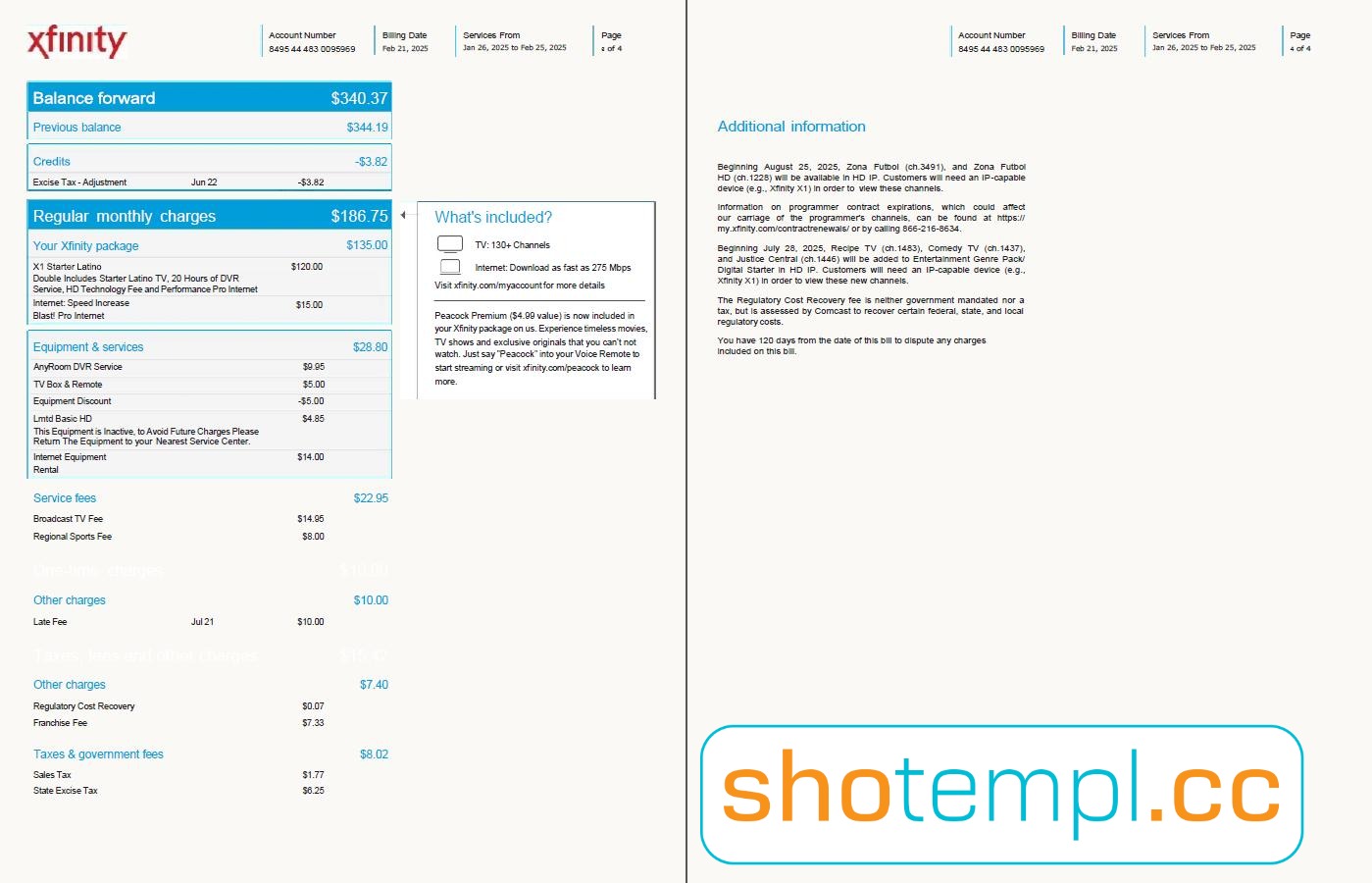 USA Xfinity Comcast Bill Template in PDF Format
