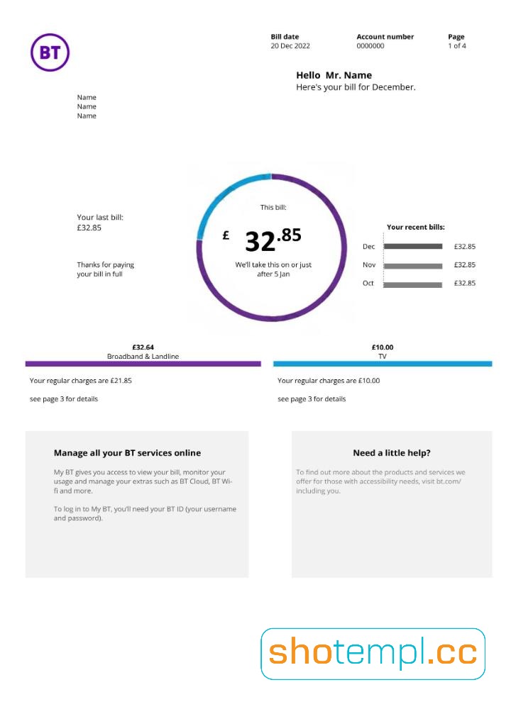 United Kingdom BT Utility Bill PDF Template