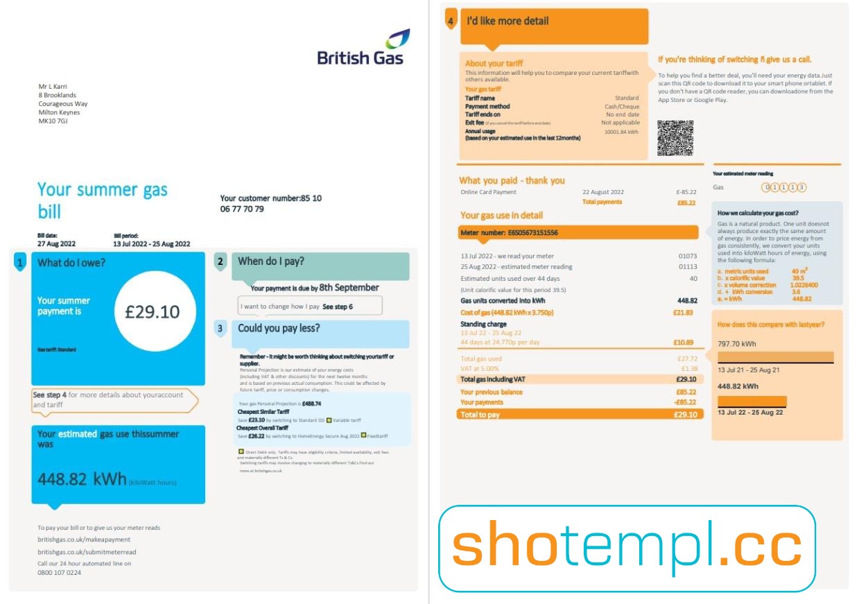 British Gas Energy Bill PDF Template V2