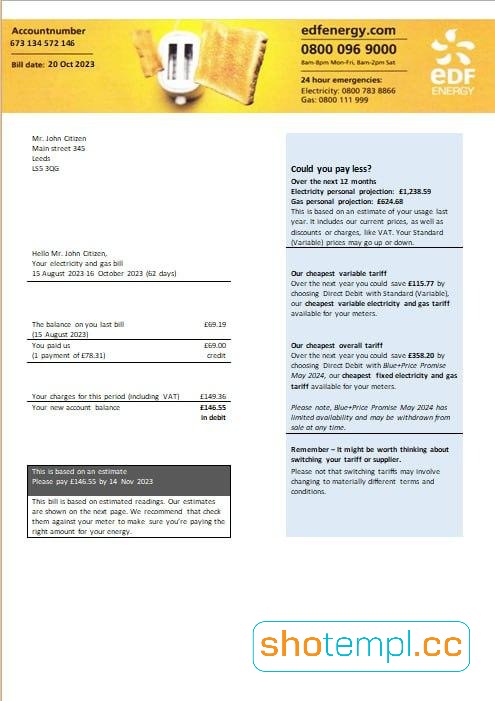 United Kingdom EDF Energy Electricity and Gas Utility Bill PDF Template