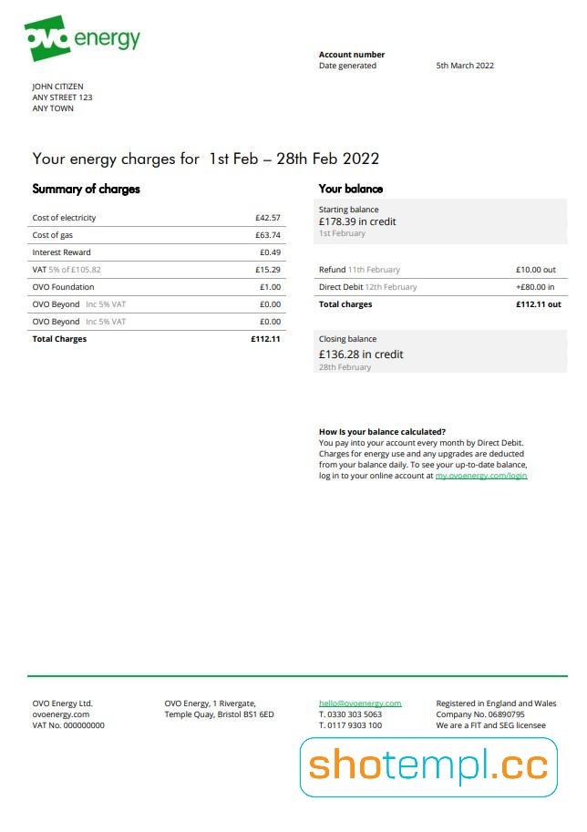 United Kingdom Ovo Energy Electricity Bill PDF Template