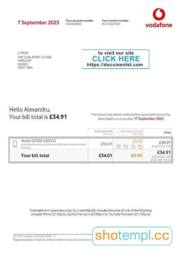 Vodafone Utility Bill Template in PDF Format